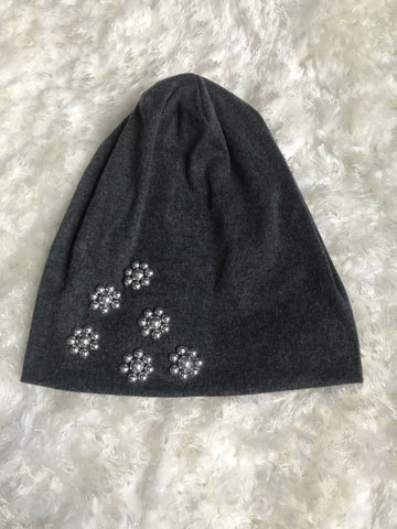 Dark Gray Cotton Beanie with Silver Pearl Flowers